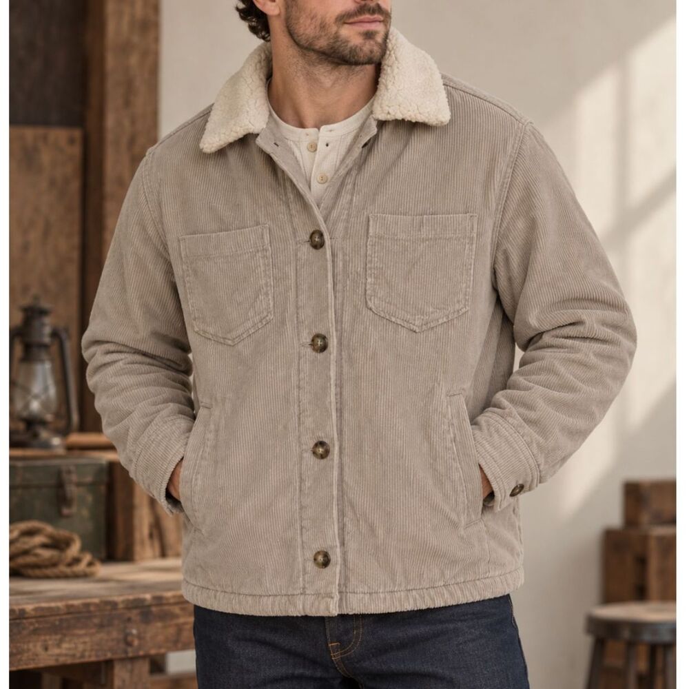 Hollister Men's Sherpa Lined Trucker Corduroy Jacket S Tan Heritage Workwear